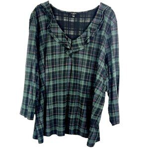 Talbots Top 3X Black Green Plaid Flannel‎ Modal Cotton Pullover V Neck Ruffle